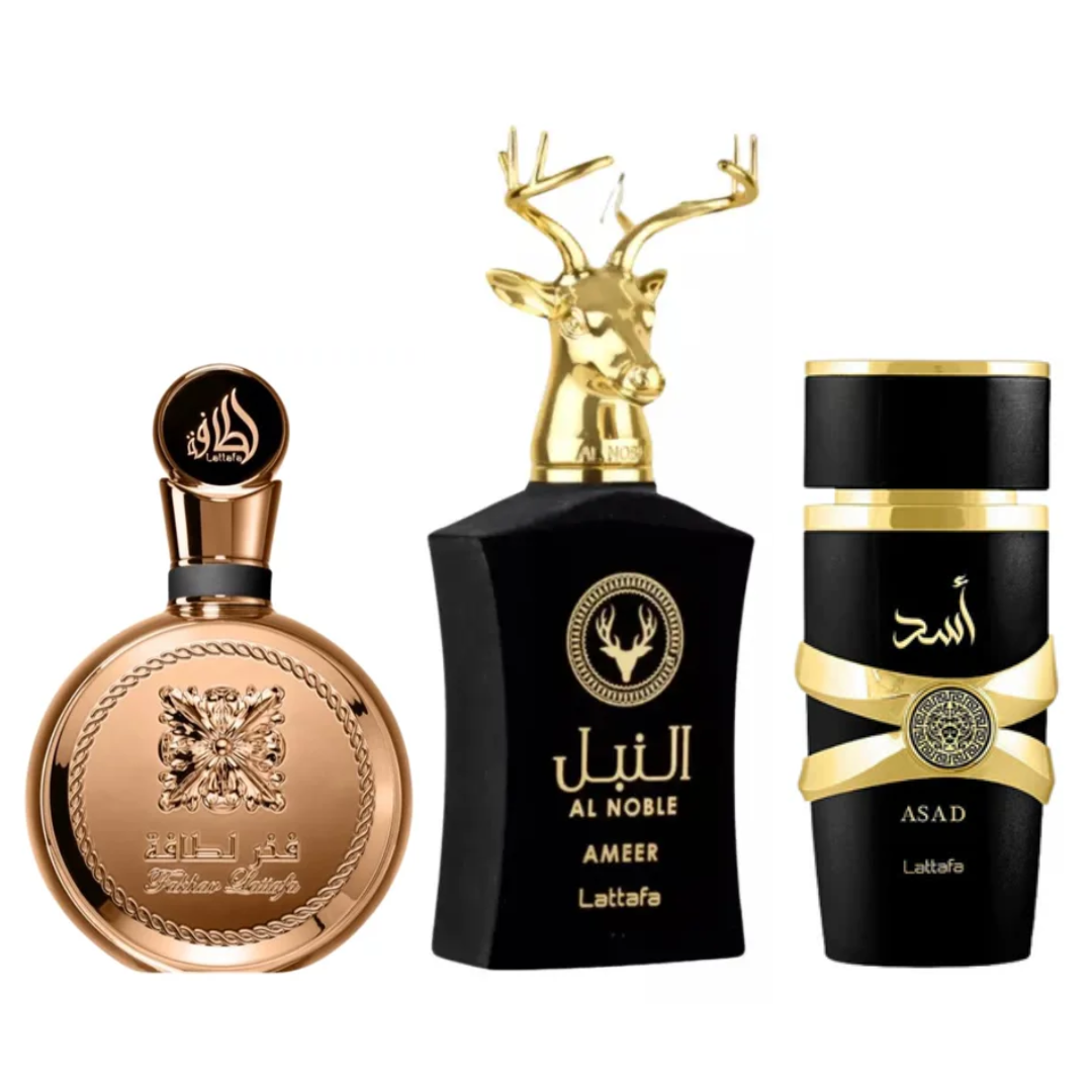 PROMOÇÃO COMPRE 1 LEVE 3 - Fakhar Gold, AL Noble Ameer e Assad Lattafa - Oferta De Black Friday - 100ml cada